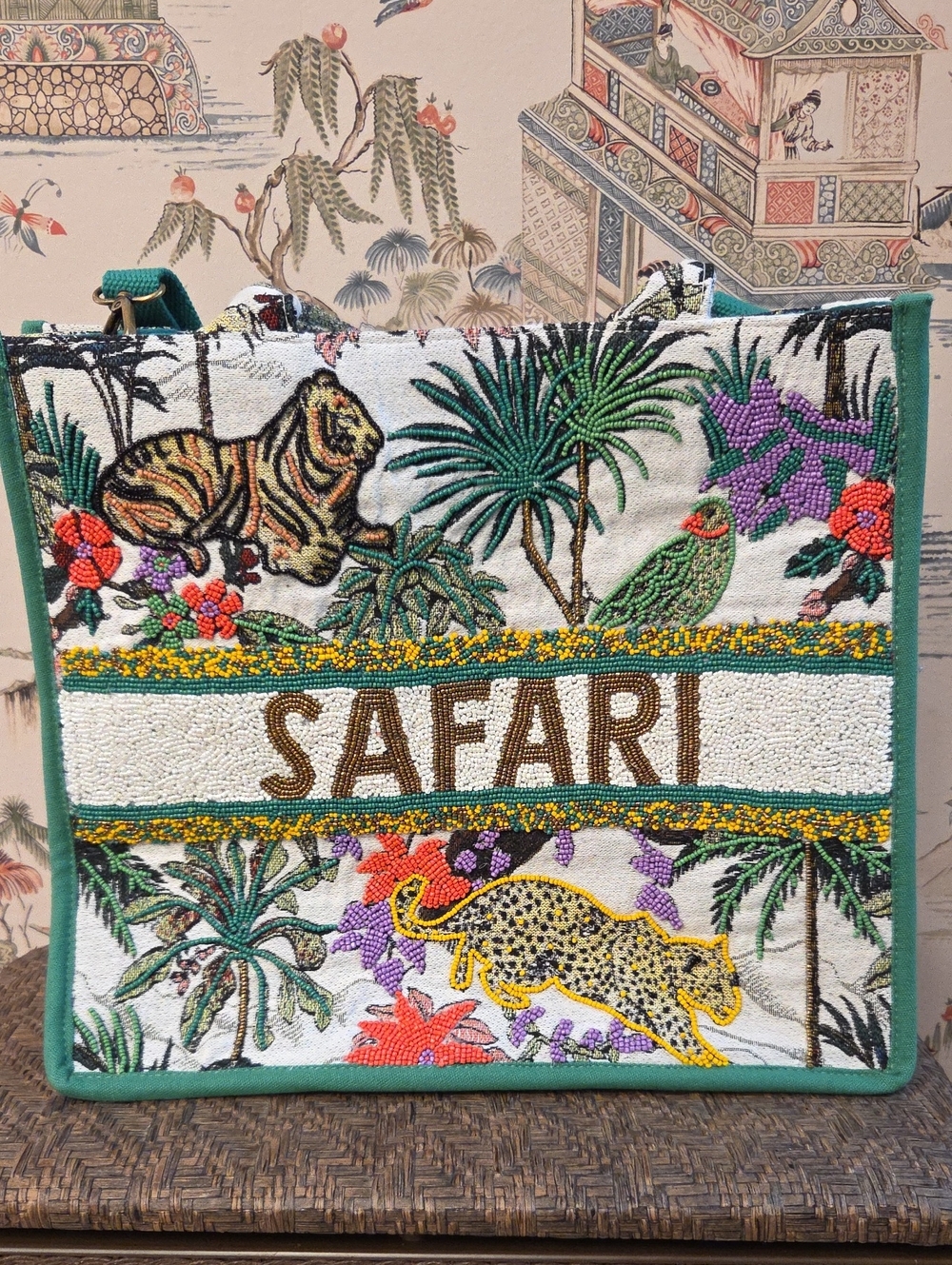 Safari Embroidered Bead Tote Bag - Green Trim